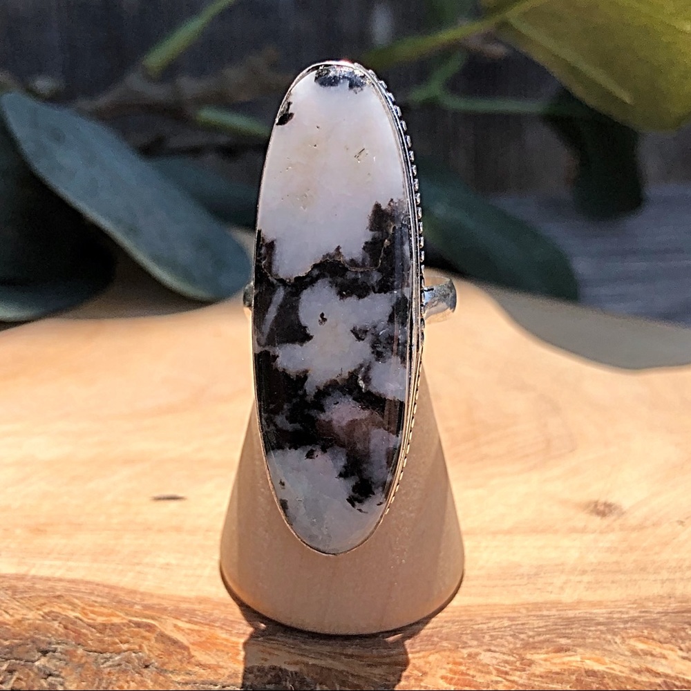 Long Oval White Buffalo Turquoise & Silver Ring